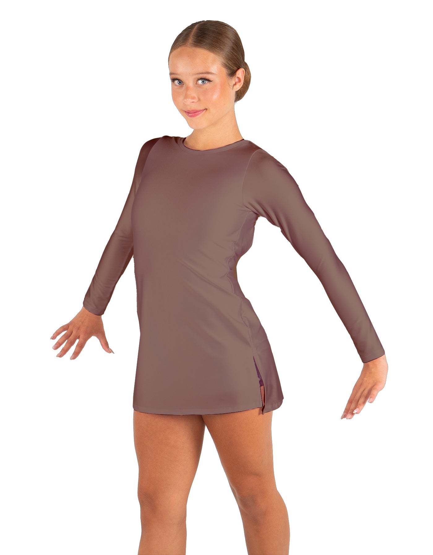 Solid Lycra LS Round Neck Dress with Open Back and Side Slits w/attached shorts
