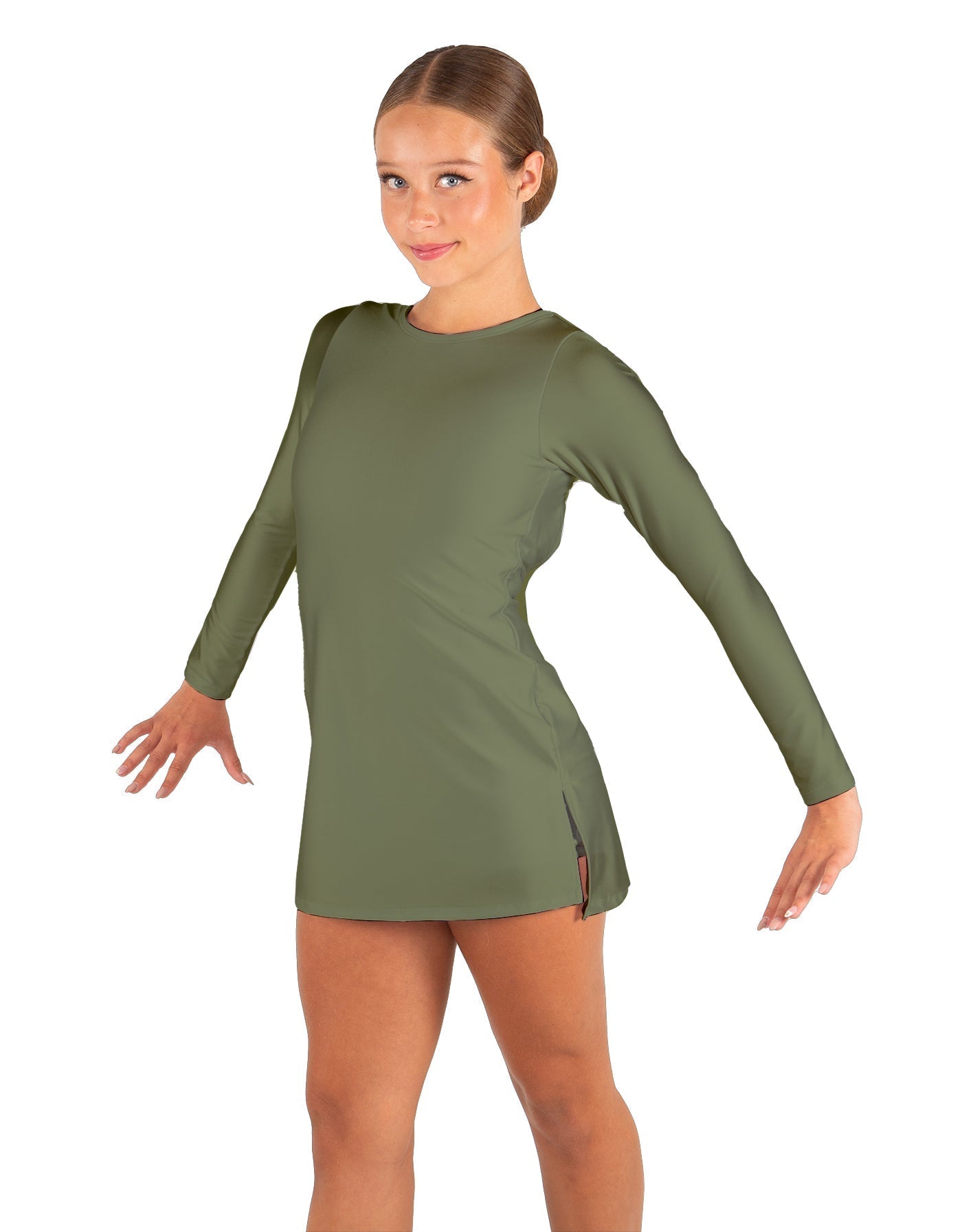 Solid Lycra LS Round Neck Dress with Open Back and Side Slits w/attached shorts