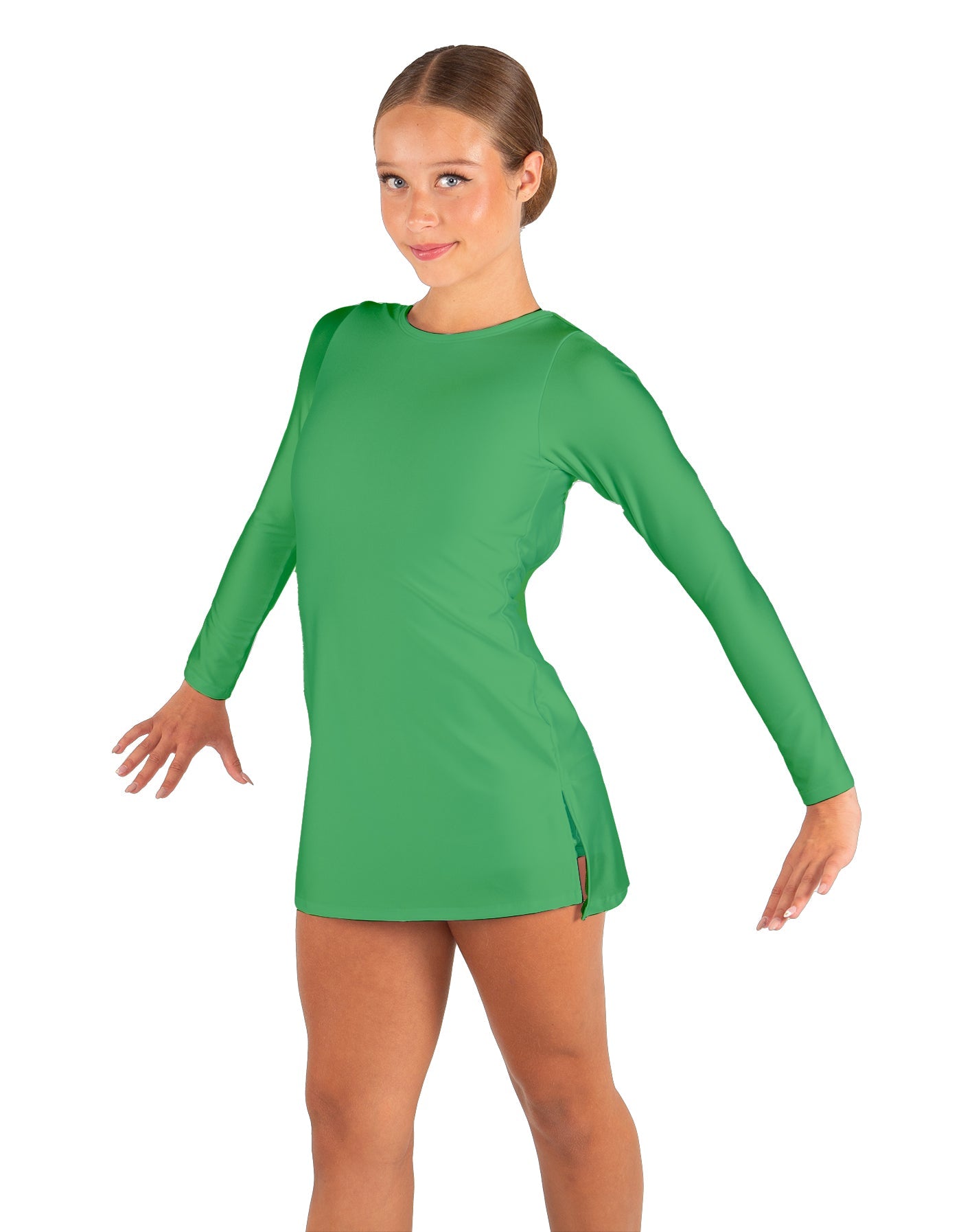 Solid Lycra LS Round Neck Dress with Open Back and Side Slits w/attached shorts