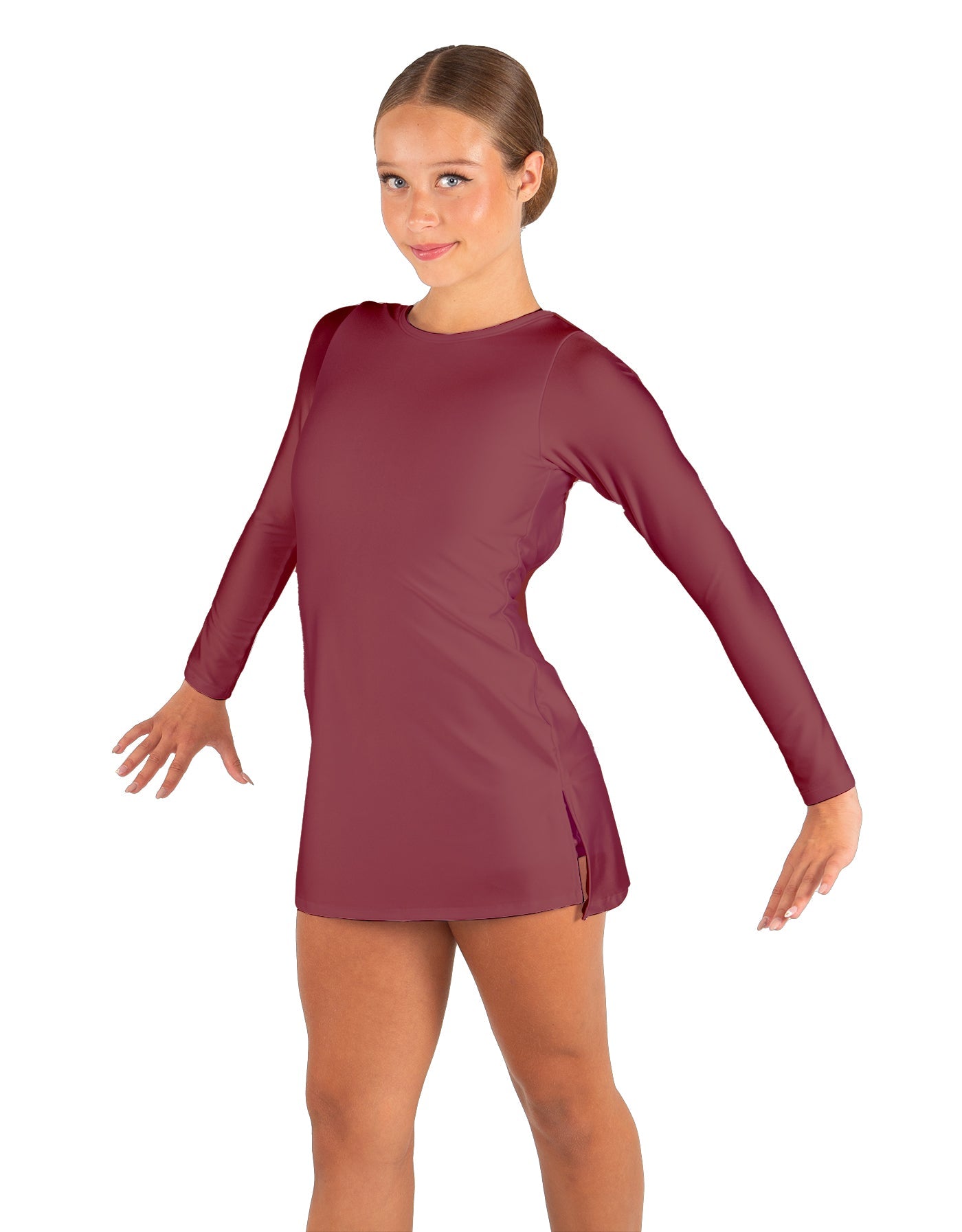 Solid Lycra LS Round Neck Dress with Open Back and Side Slits w/attached shorts