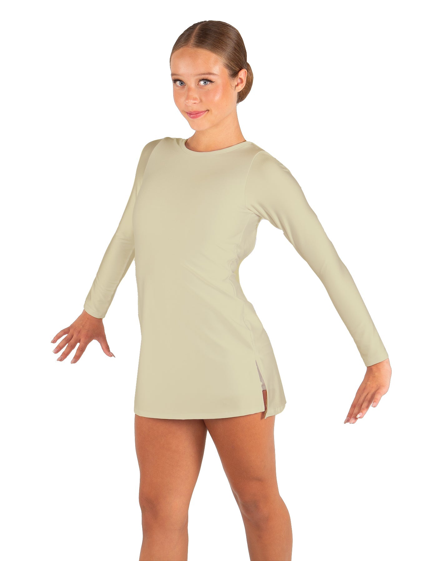 Solid Lycra LS Round Neck Dress with Open Back and Side Slits w/attached shorts