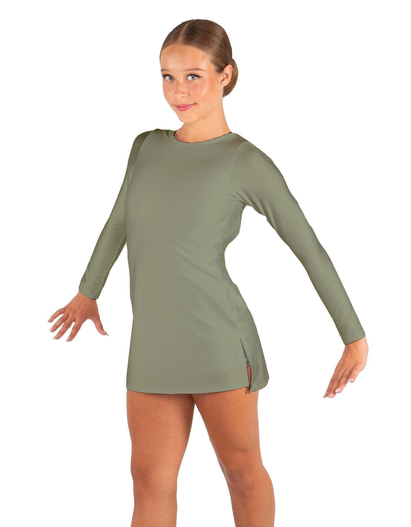 Solid Lycra LS Round Neck Dress with Open Back and Side Slits w/attached shorts