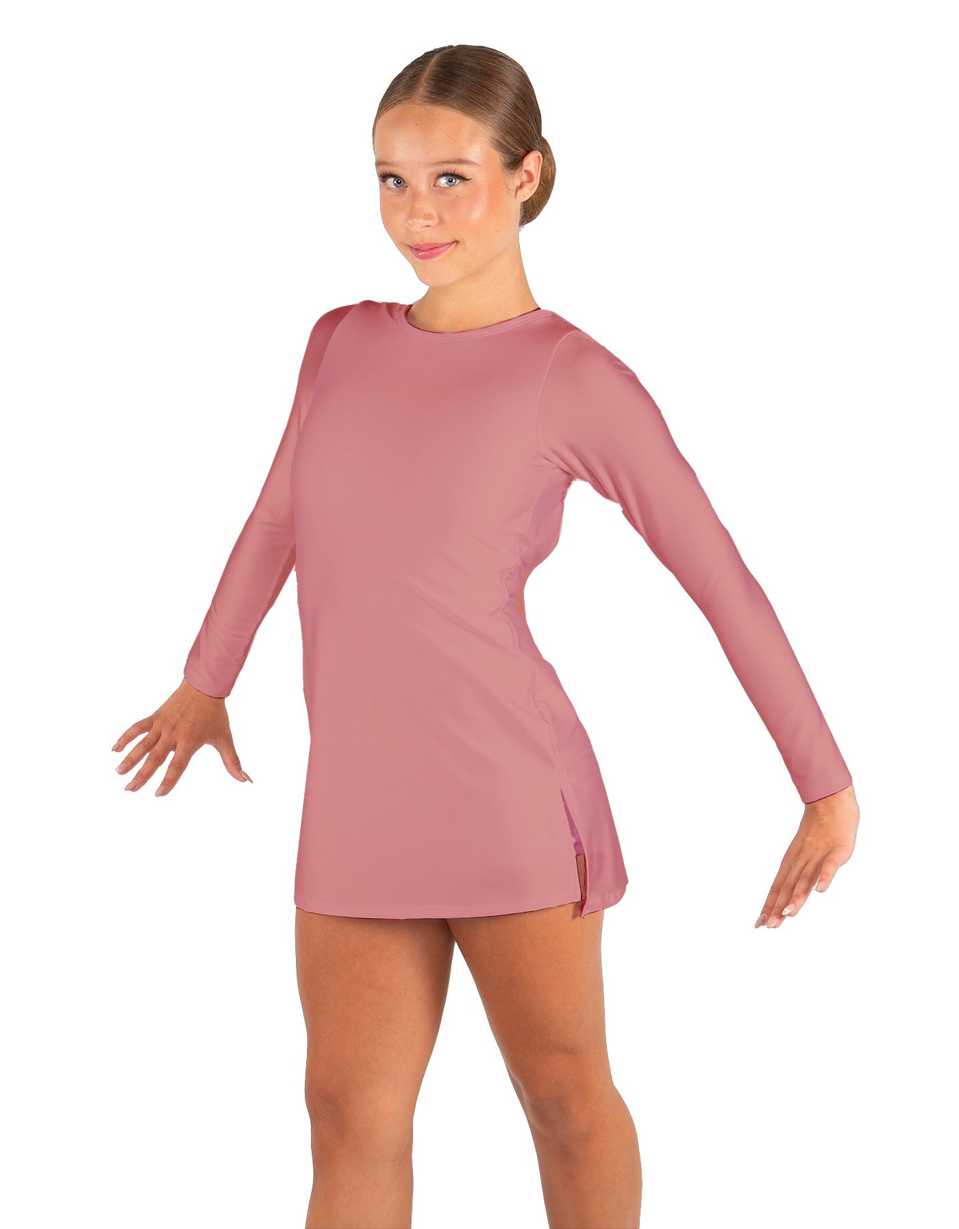 Solid Lycra LS Round Neck Dress with Open Back and Side Slits w/attached shorts