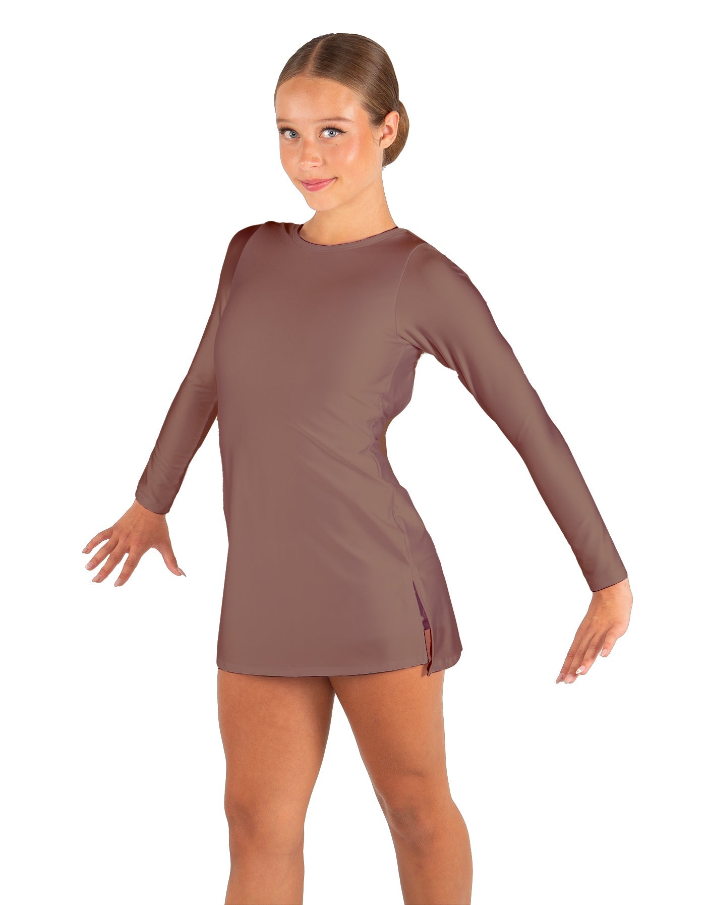 Solid Lycra LS Round Neck Dress with Open Back and Side Slits w/attached shorts