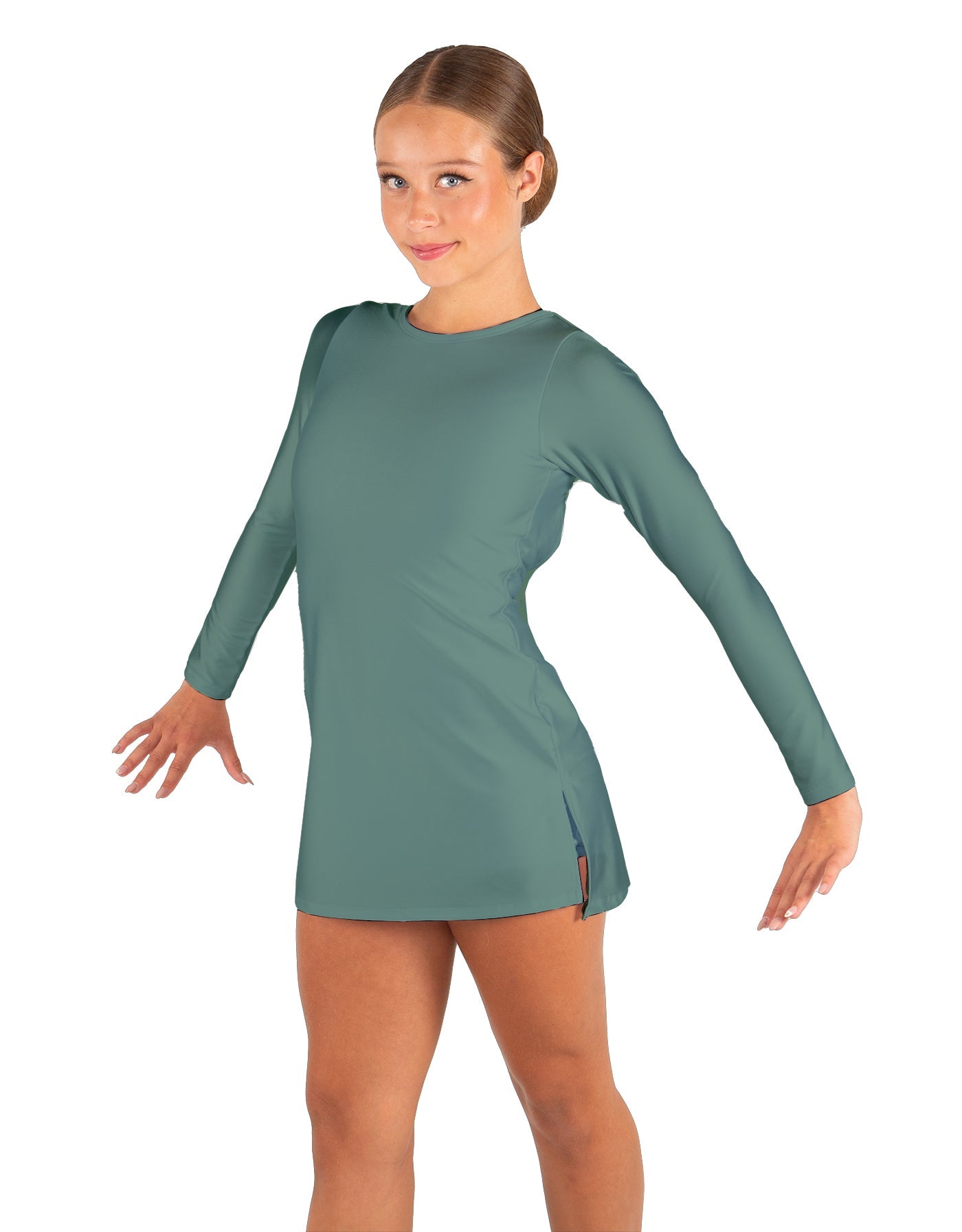 Solid Lycra LS Round Neck Dress with Open Back and Side Slits w/attached shorts