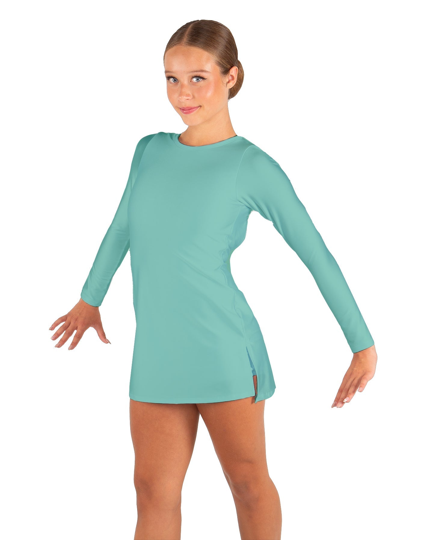 Solid Lycra LS Round Neck Dress with Open Back and Side Slits w/attached shorts