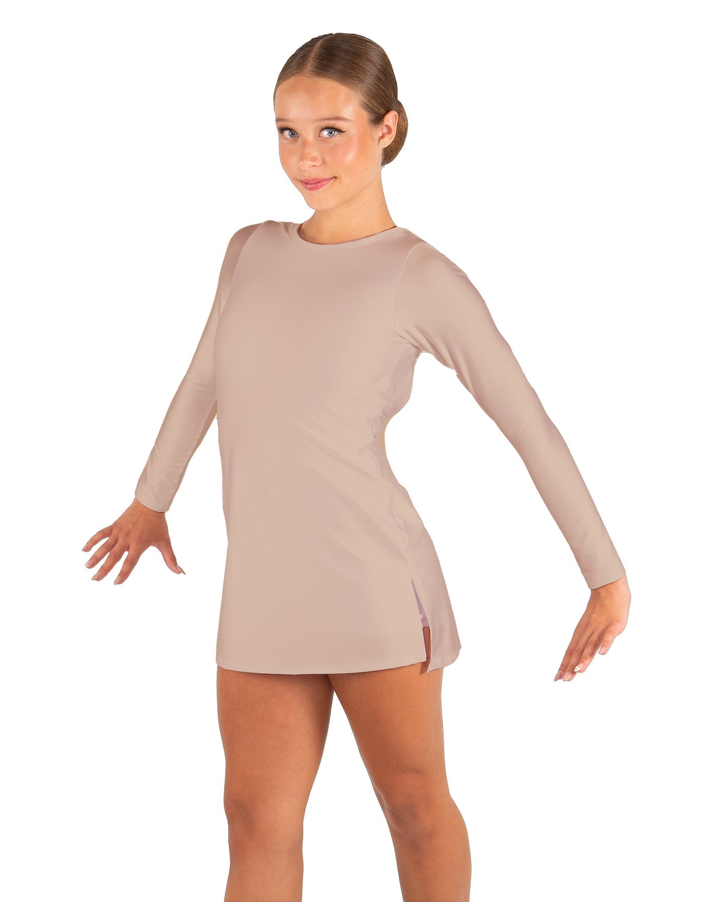 Solid Lycra LS Round Neck Dress with Open Back and Side Slits w/attached shorts