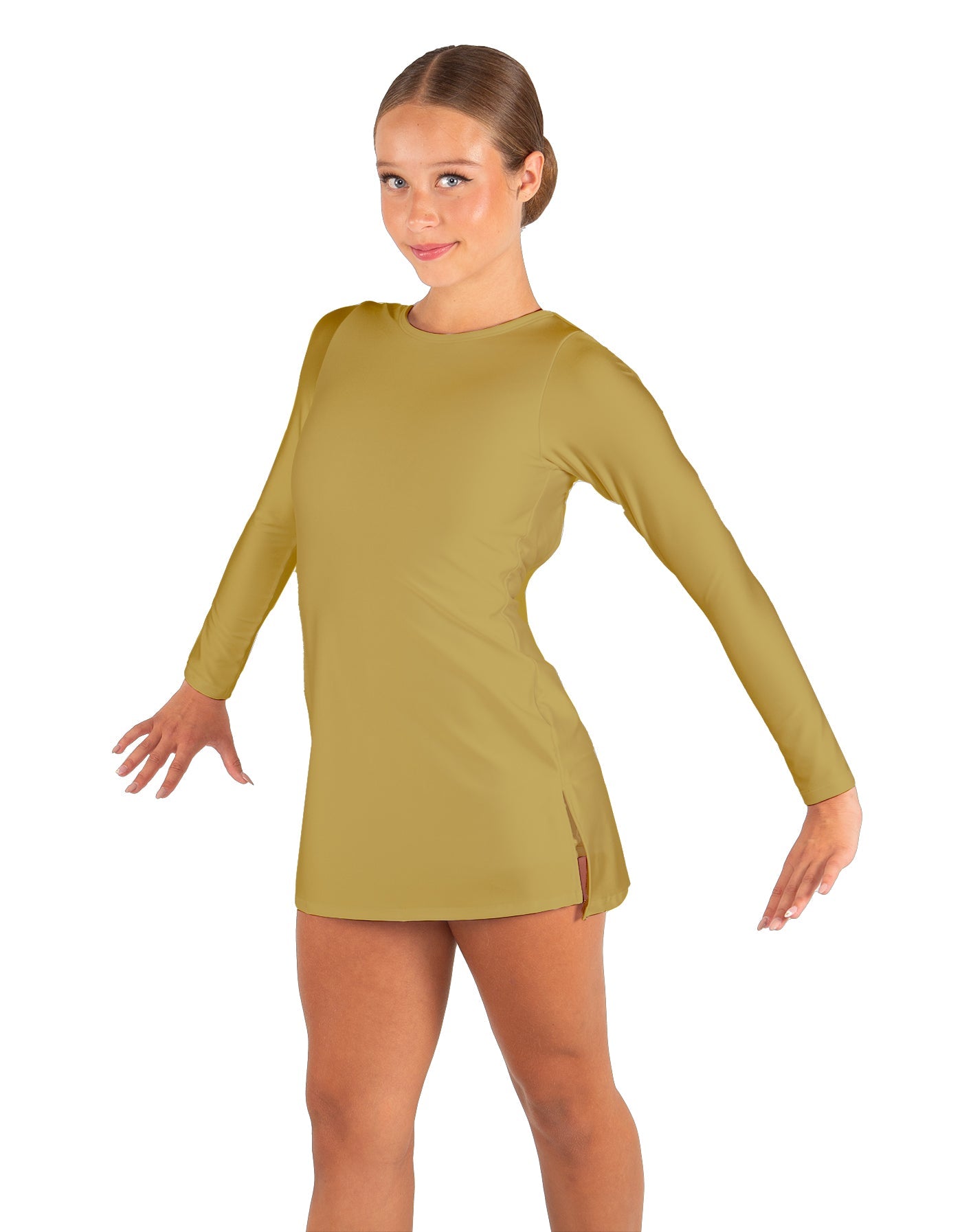 Solid Lycra LS Round Neck Dress with Open Back and Side Slits w/attached shorts