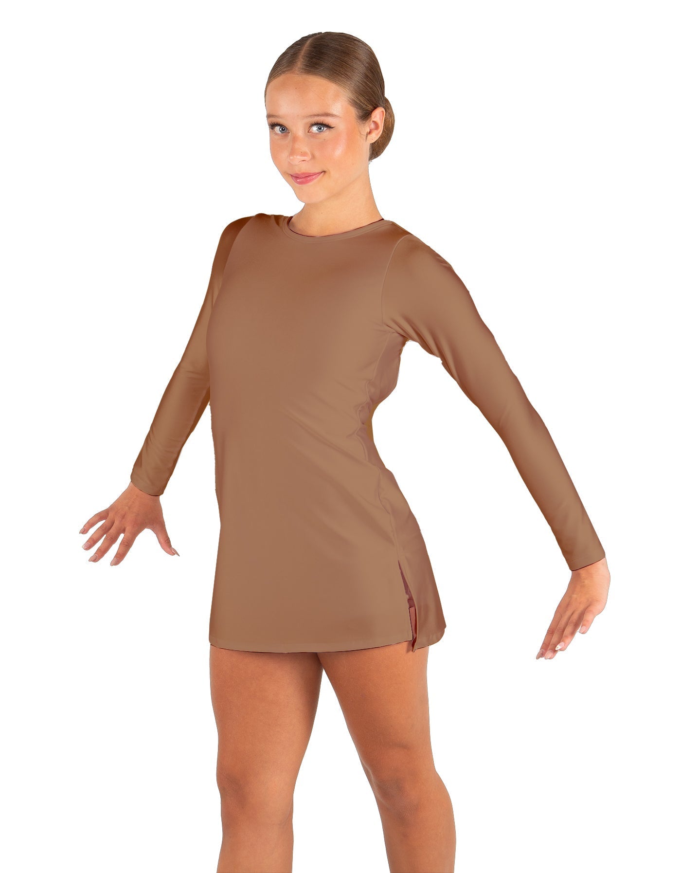 Solid Lycra LS Round Neck Dress with Open Back and Side Slits w/attached shorts