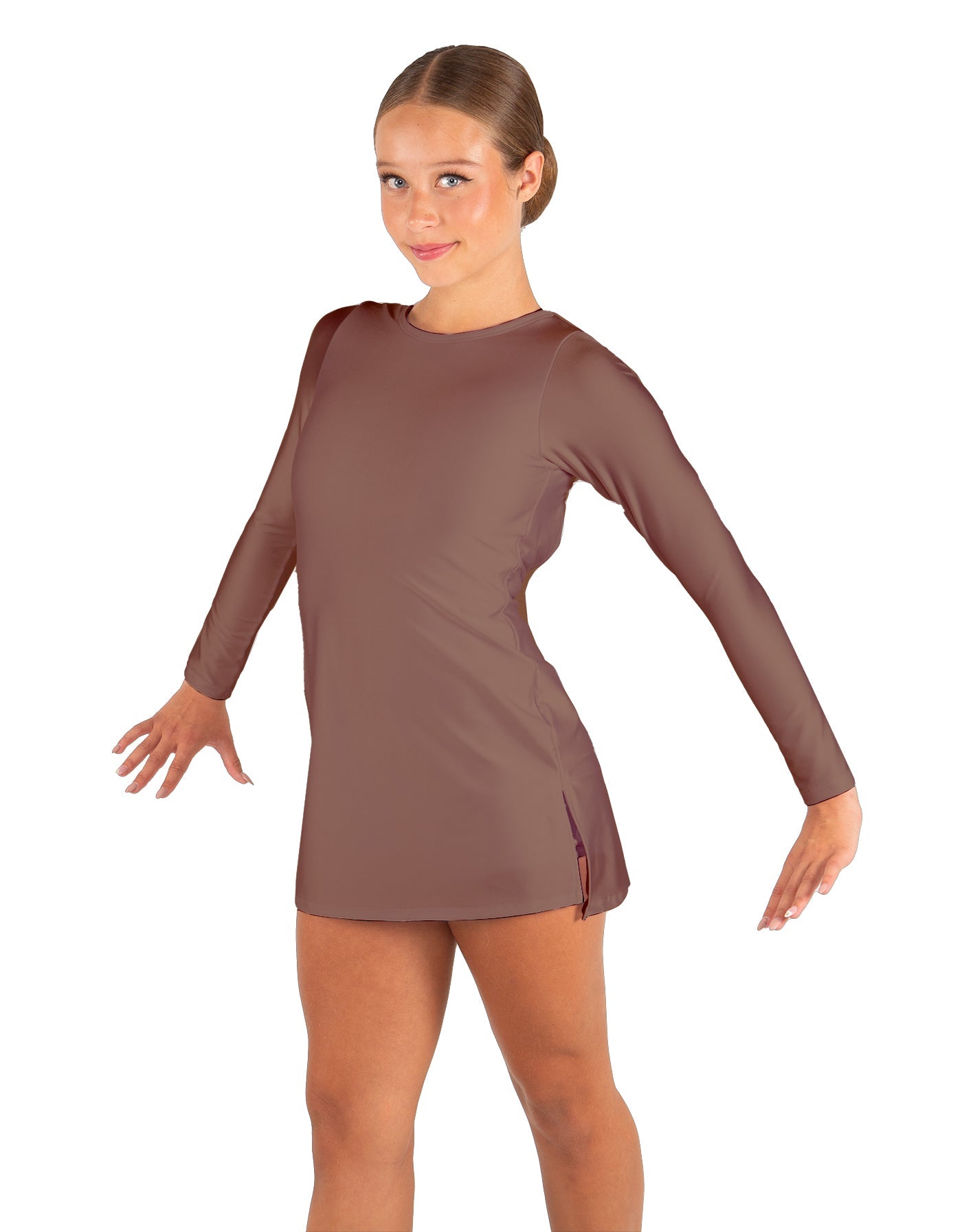 Solid Lycra LS Round Neck Dress with Open Back and Side Slits w/attached shorts