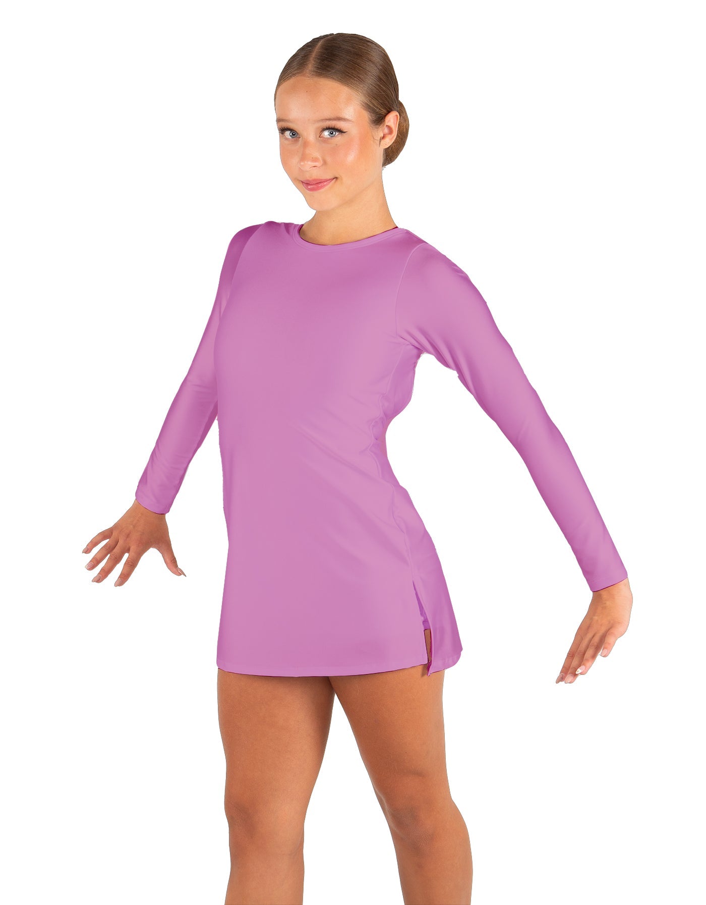 Solid Lycra LS Round Neck Dress with Open Back and Side Slits w/attached shorts