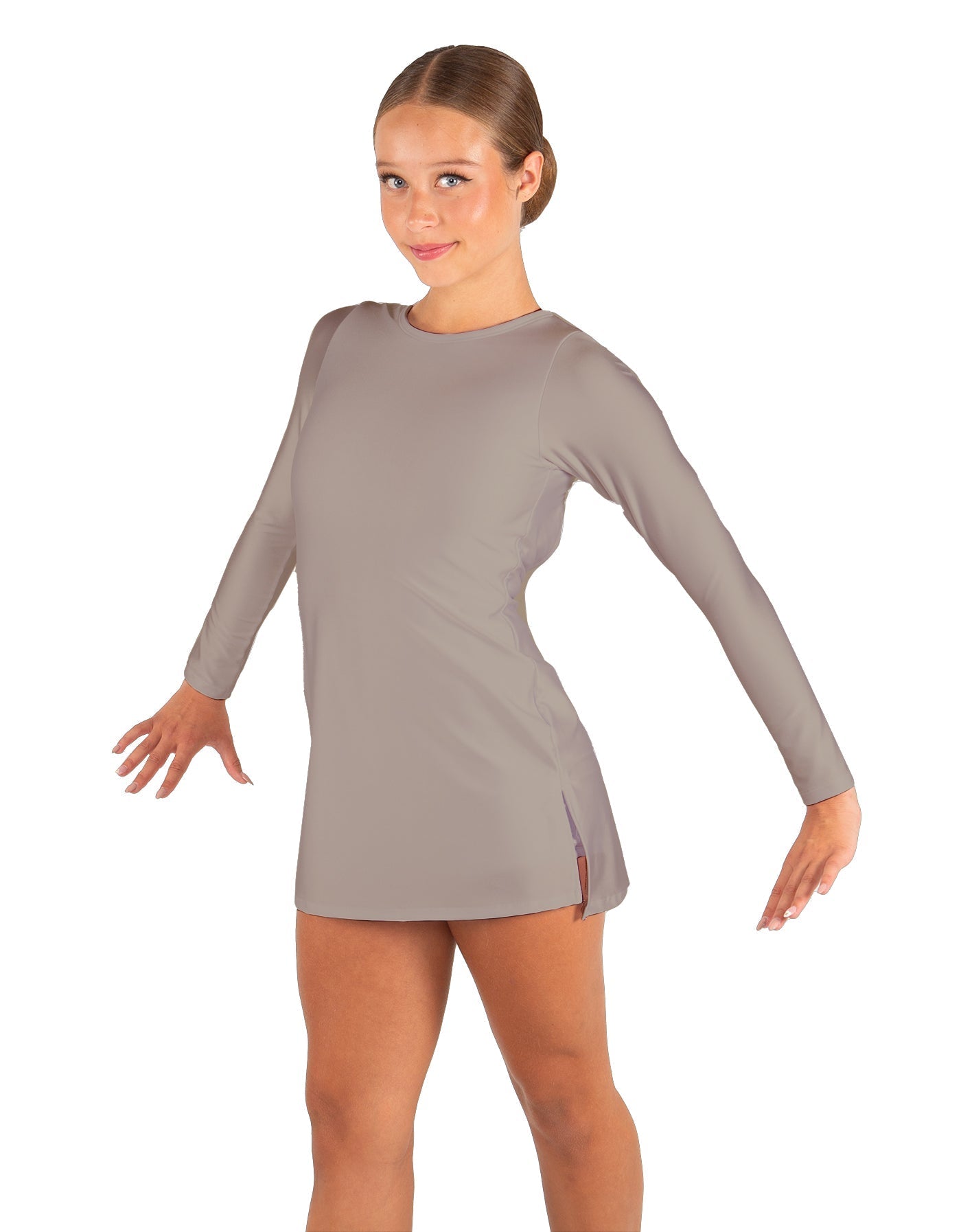 Solid Lycra LS Round Neck Dress with Open Back and Side Slits w/attached shorts