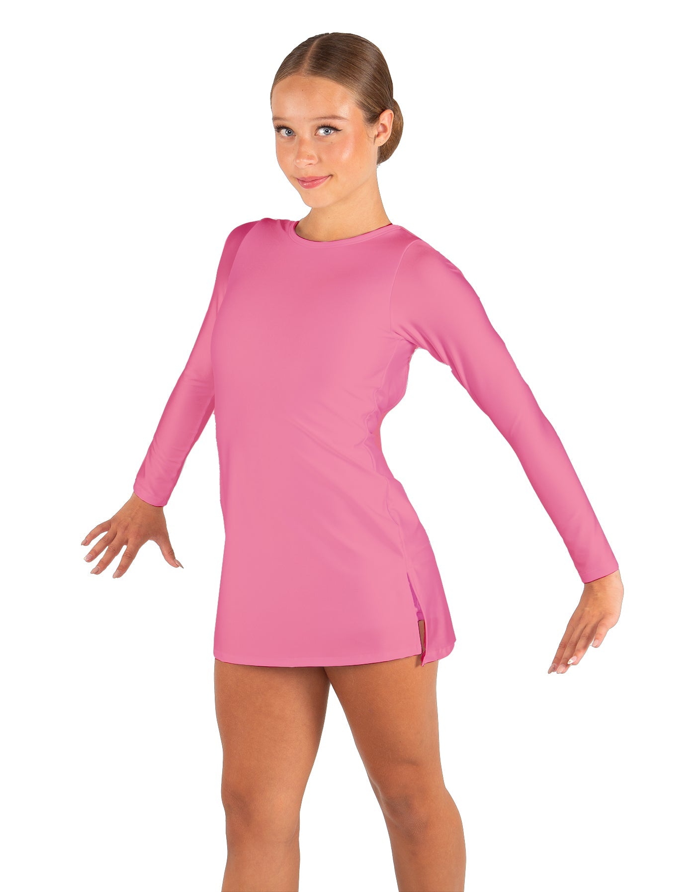 Solid Lycra LS Round Neck Dress with Open Back and Side Slits w/attached shorts