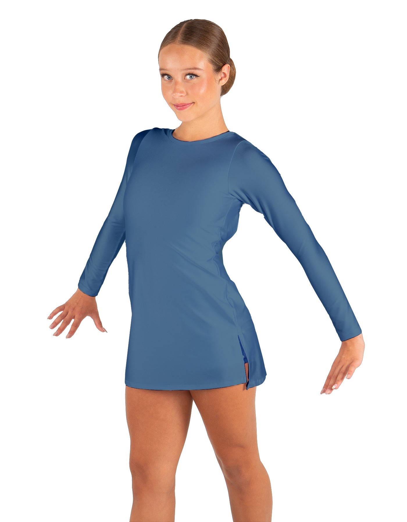 Solid Lycra LS Round Neck Dress with Open Back and Side Slits w/attached shorts