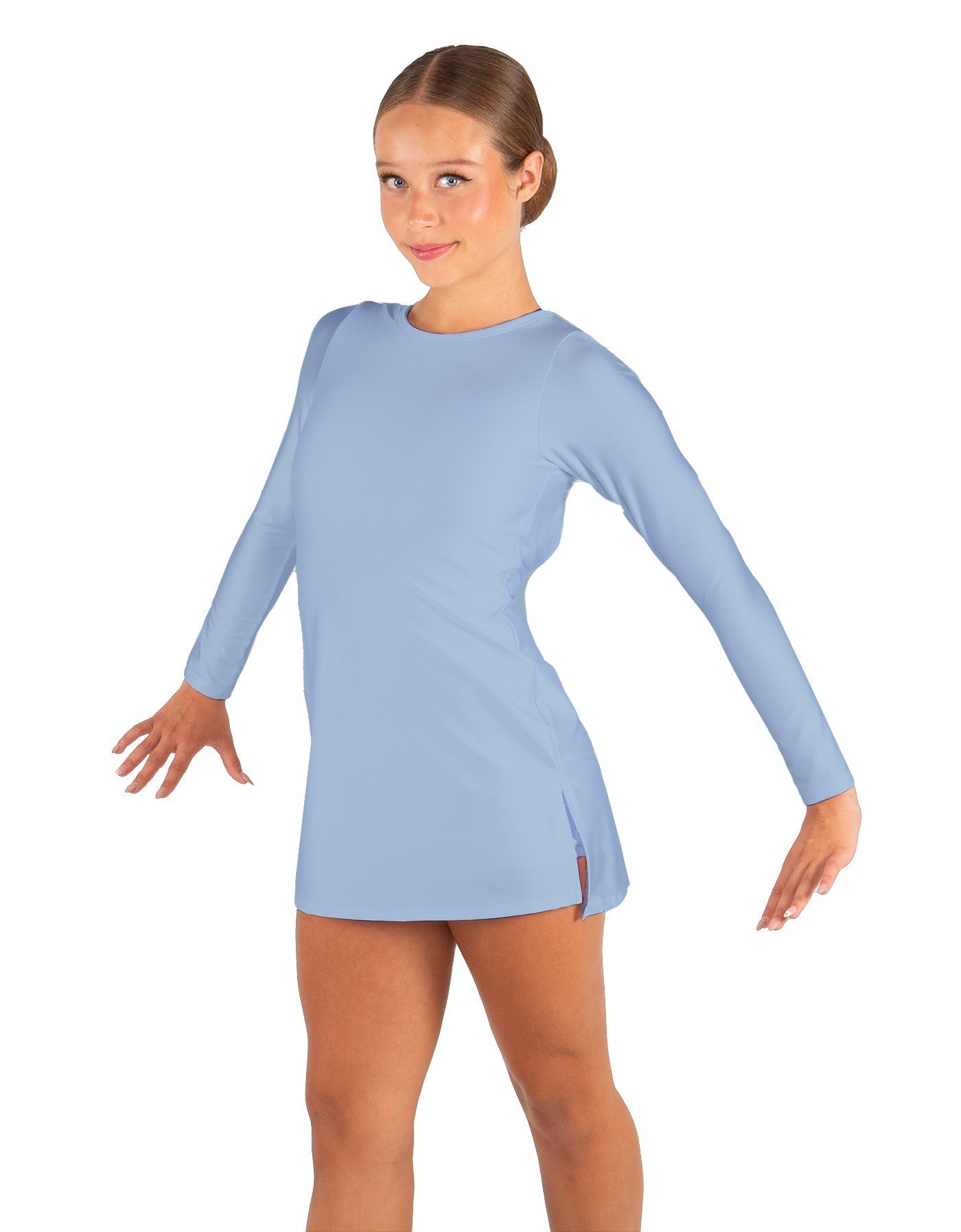 Solid Lycra LS Round Neck Dress with Open Back and Side Slits w/attached shorts