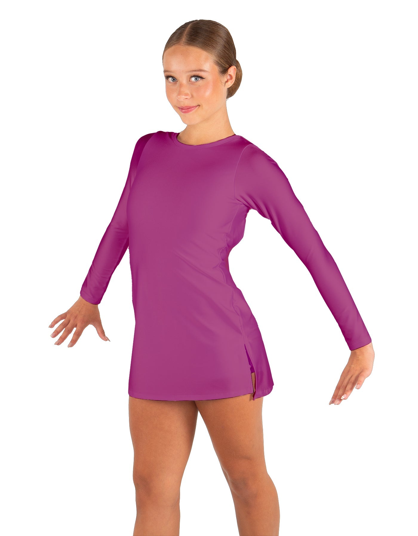 Solid Lycra LS Round Neck Dress with Open Back and Side Slits w/attached shorts