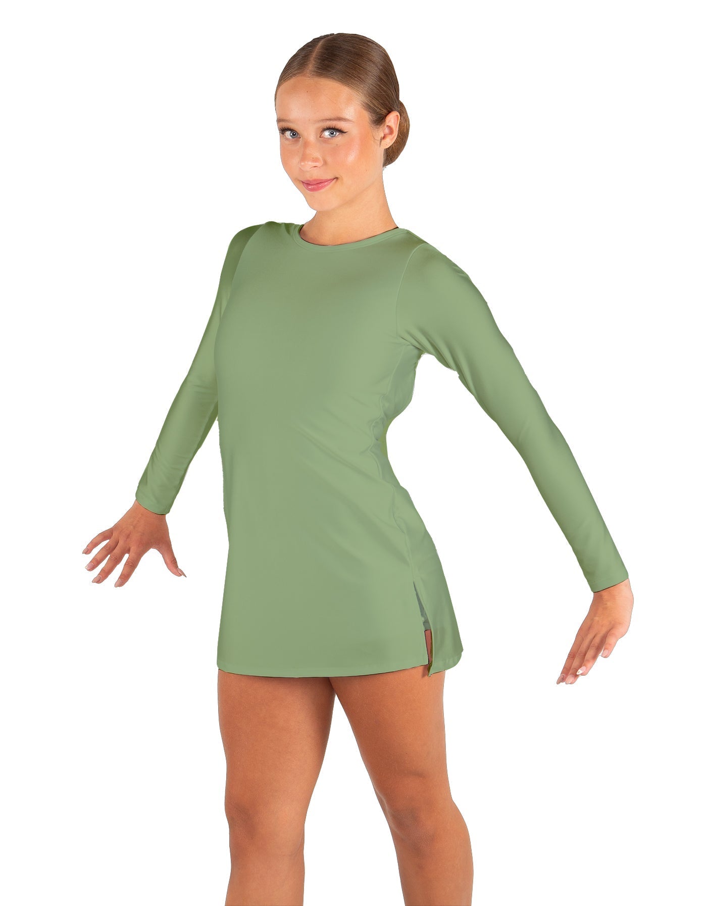 Solid Lycra LS Round Neck Dress with Open Back and Side Slits w/attached shorts