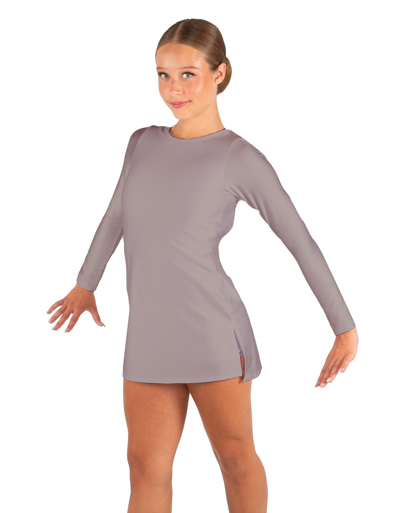 Solid Lycra LS Round Neck Dress with Open Back and Side Slits w/attached shorts