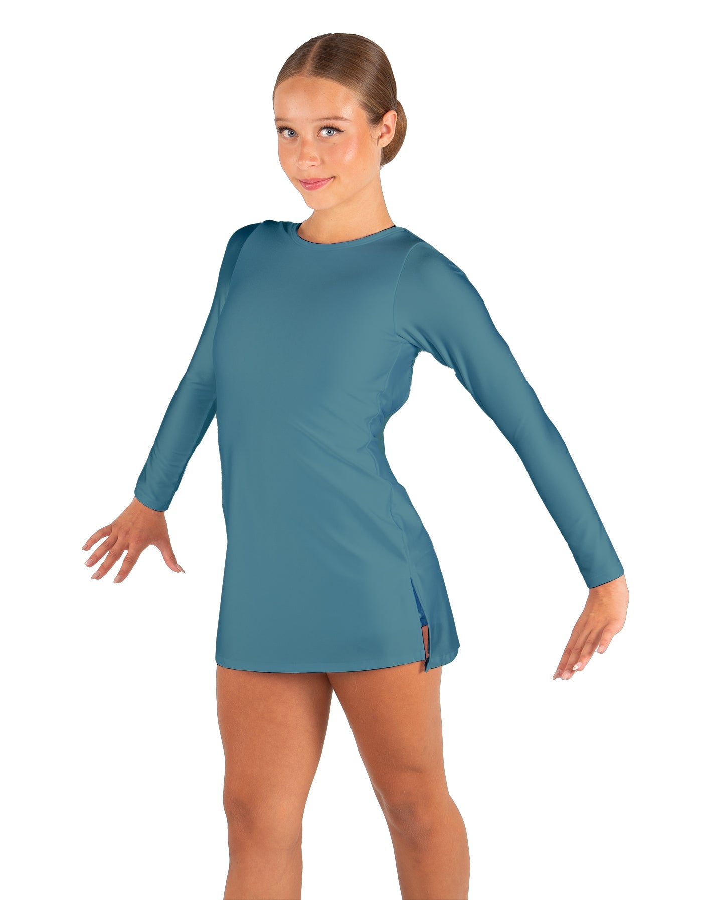 Solid Lycra LS Round Neck Dress with Open Back and Side Slits w/attached shorts