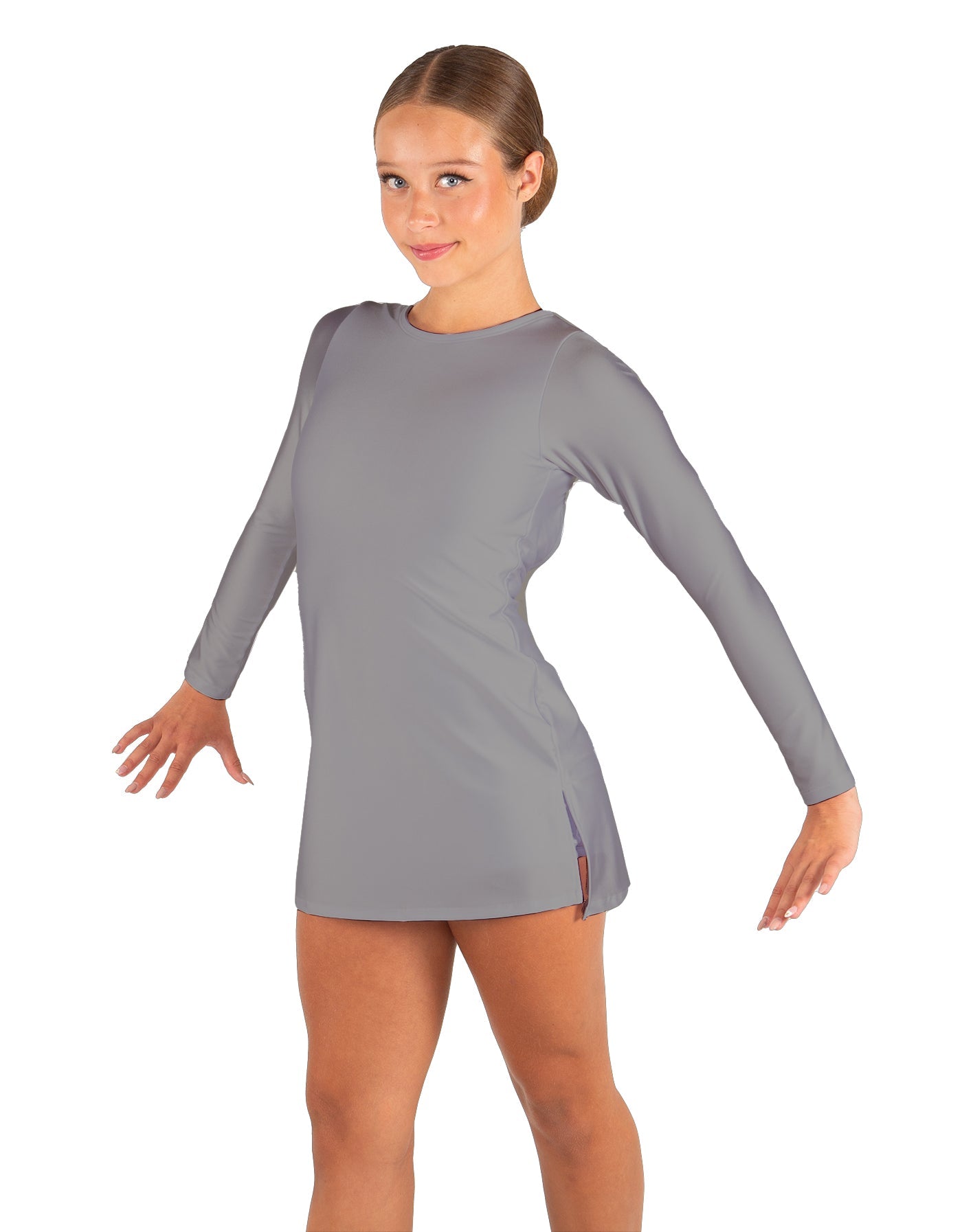 Solid Lycra LS Round Neck Dress with Open Back and Side Slits w/attached shorts
