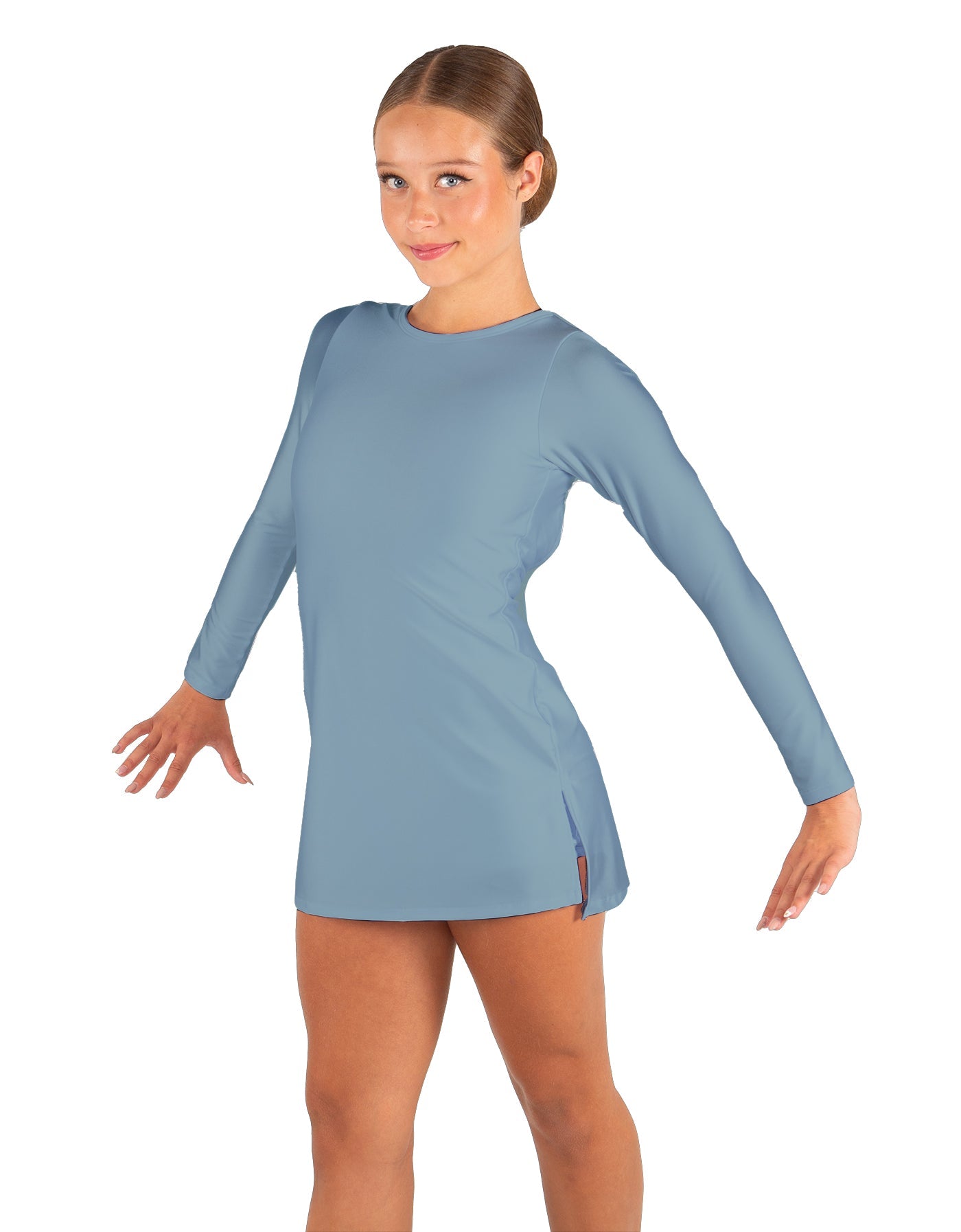 Solid Lycra LS Round Neck Dress with Open Back and Side Slits w/attached shorts