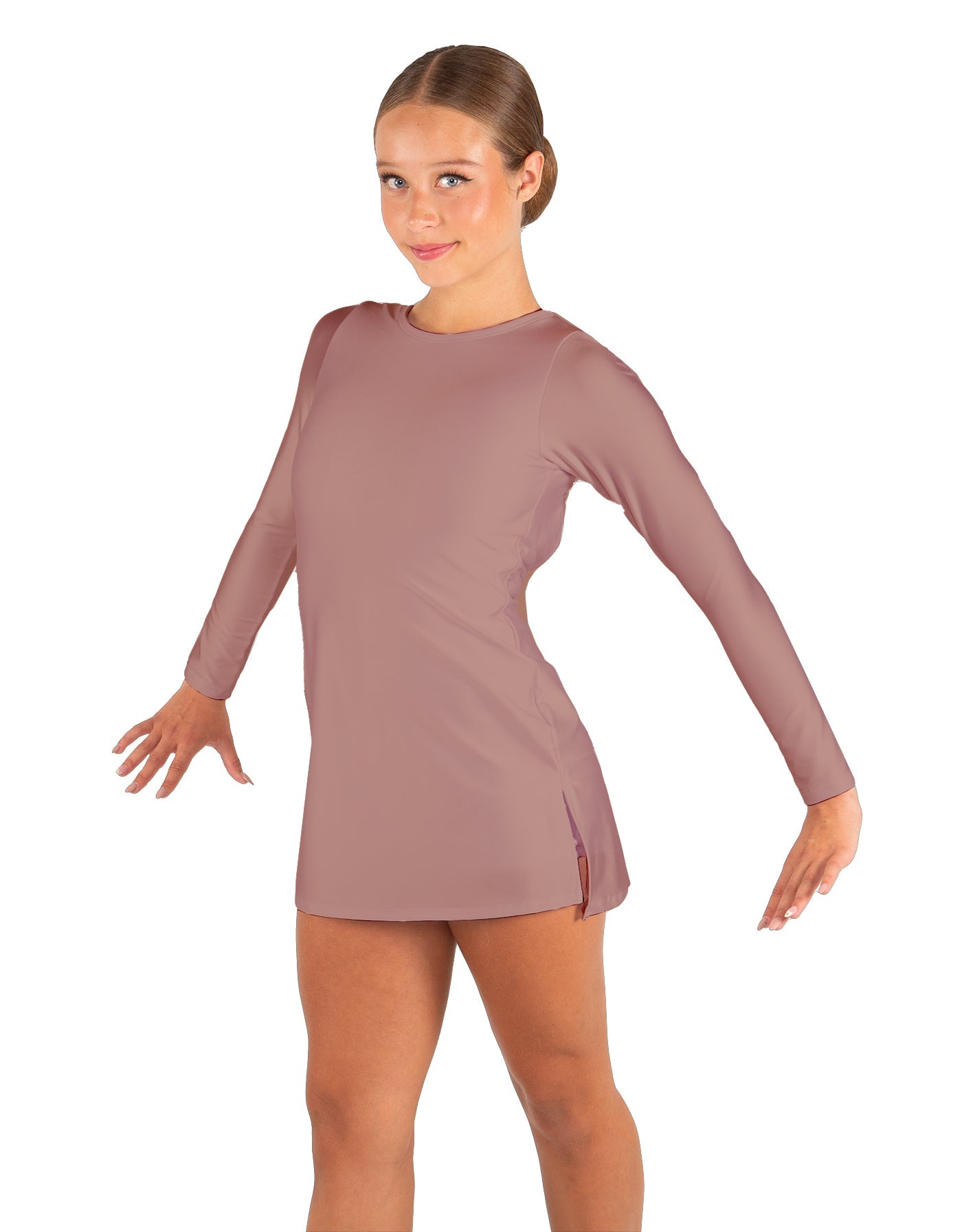 Solid Lycra LS Round Neck Dress with Open Back and Side Slits w/attached shorts