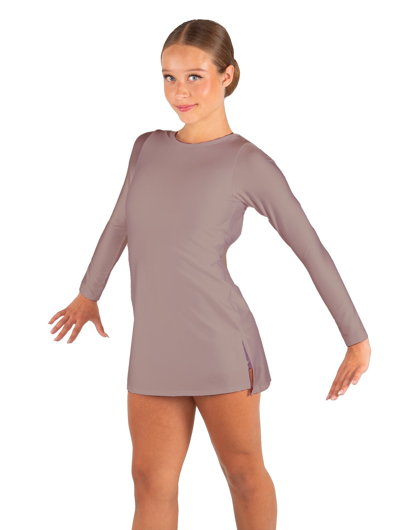 Solid Lycra LS Round Neck Dress with Open Back and Side Slits w/attached shorts