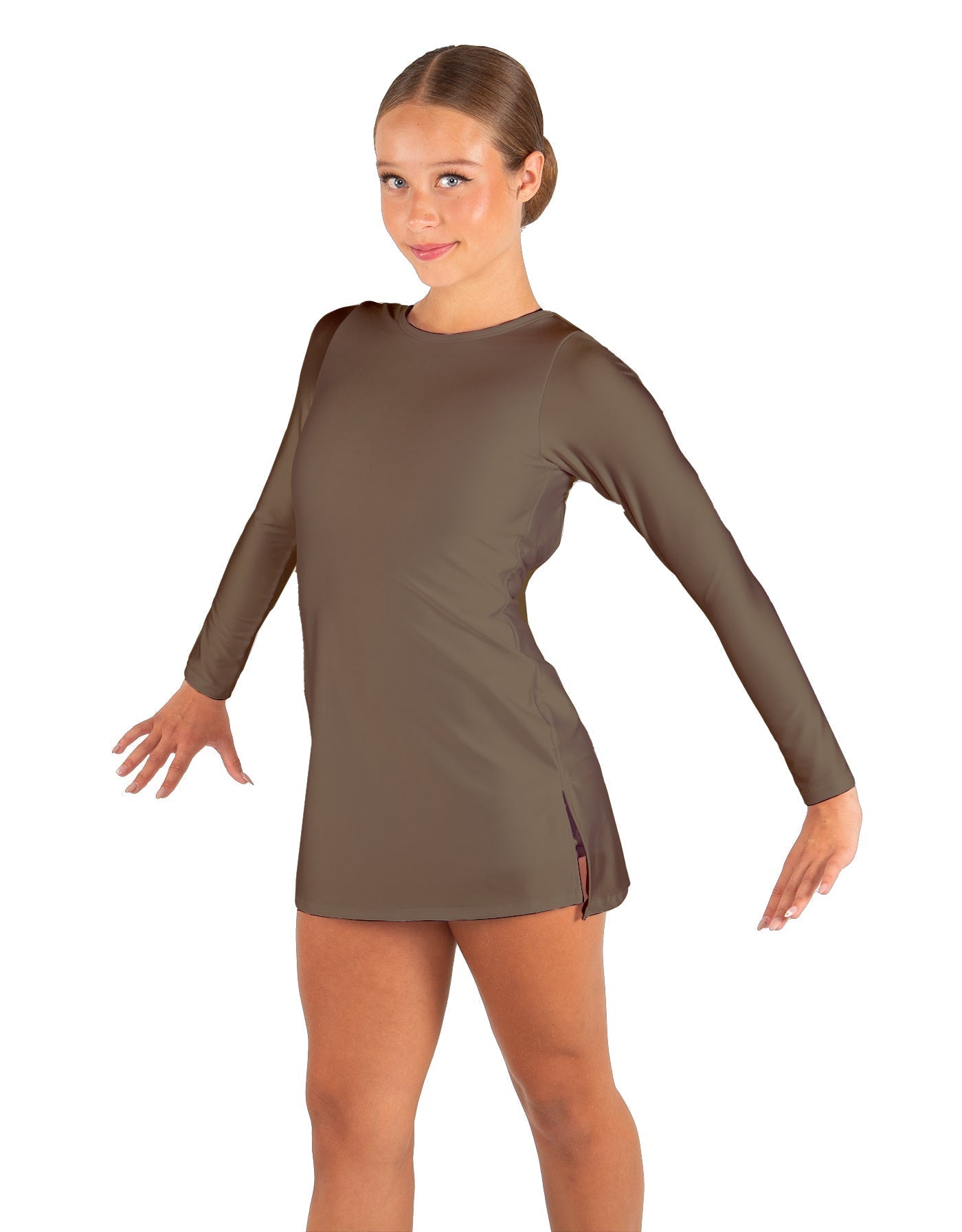 Solid Lycra LS Round Neck Dress with Open Back and Side Slits w/attached shorts