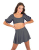 Solid Lycra Peasant Sleeve Tie Up Crop Top