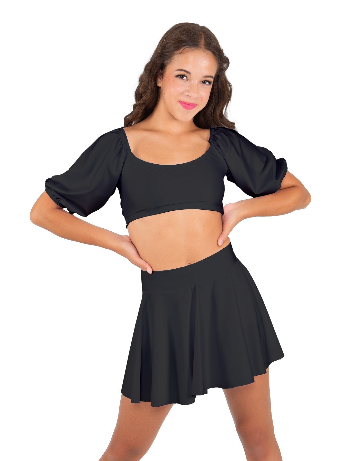 Solid Lycra Peasant Sleeve Tie Up Crop Top