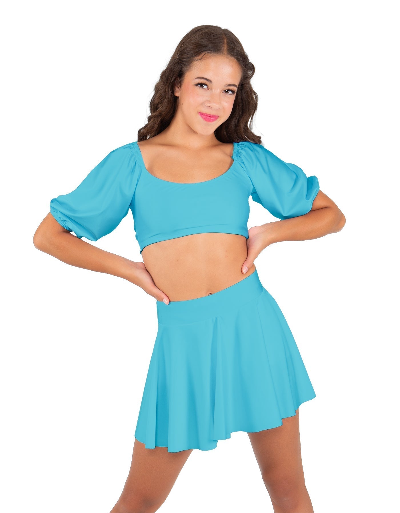 Solid Lycra Peasant Sleeve Tie Up Crop Top
