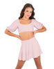 Solid Lycra Peasant Sleeve Tie Up Crop Top