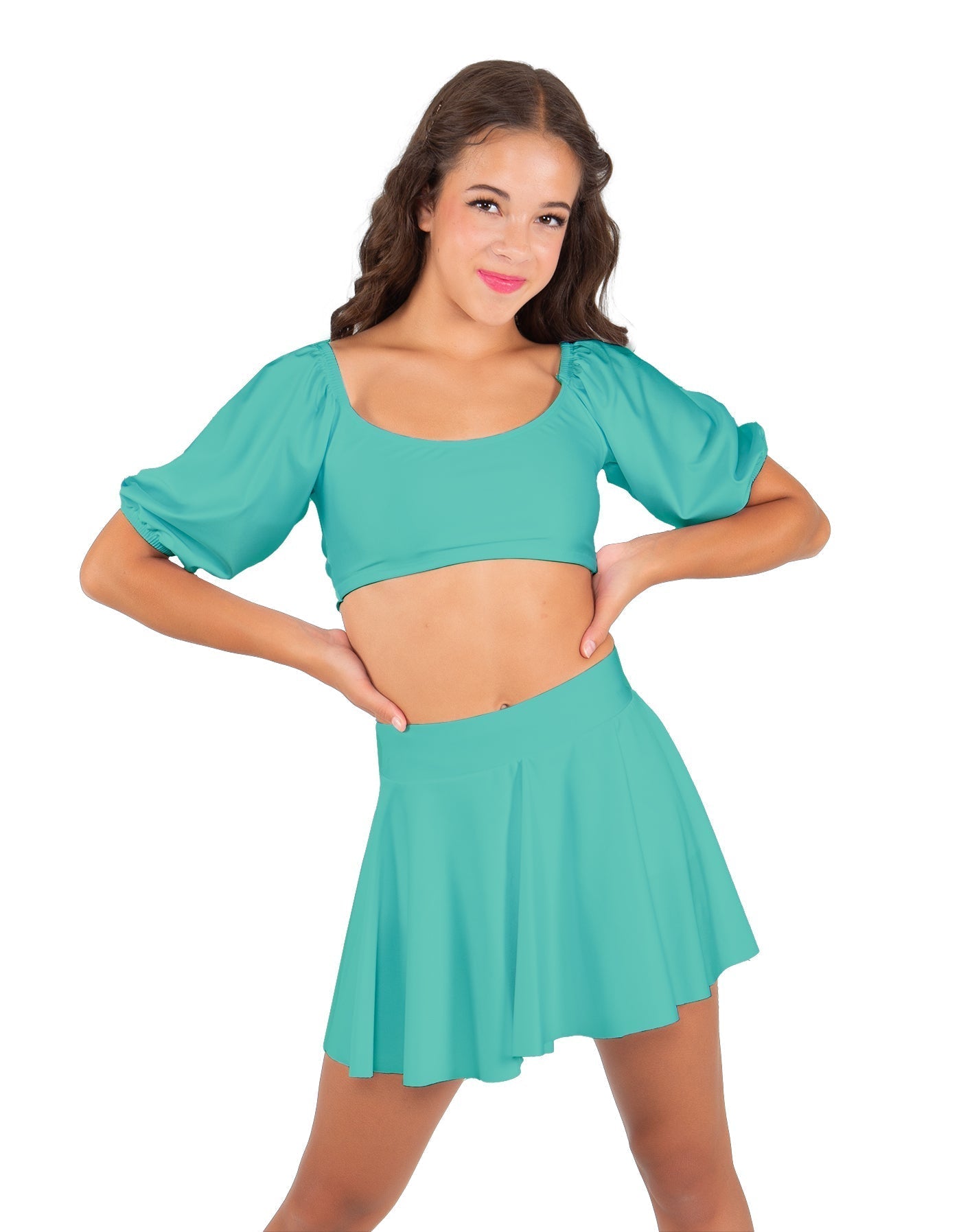 Solid Lycra Peasant Sleeve Tie Up Crop Top