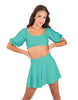 Solid Lycra Peasant Sleeve Tie Up Crop Top