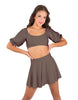 Solid Lycra Peasant Sleeve Tie Up Crop Top