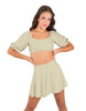 Solid Lycra Peasant Sleeve Tie Up Crop Top