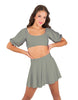 Solid Lycra Peasant Sleeve Tie Up Crop Top