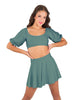Solid Lycra Peasant Sleeve Tie Up Crop Top