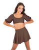 Solid Lycra Peasant Sleeve Tie Up Crop Top
