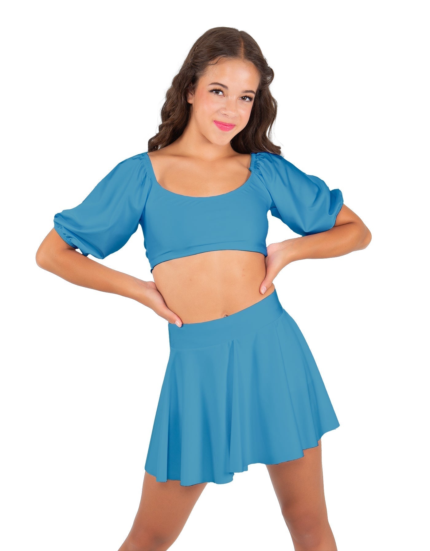 Solid Lycra Peasant Sleeve Tie Up Crop Top