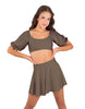 Solid Lycra Peasant Sleeve Tie Up Crop Top