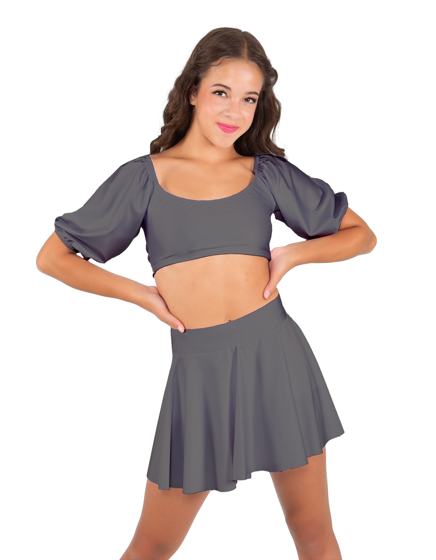 Solid Lycra Peasant Sleeve Tie Up Crop Top