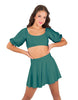 Solid Lycra Peasant Sleeve Tie Up Crop Top