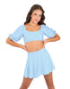 Solid Lycra Peasant Sleeve Tie Up Crop Top