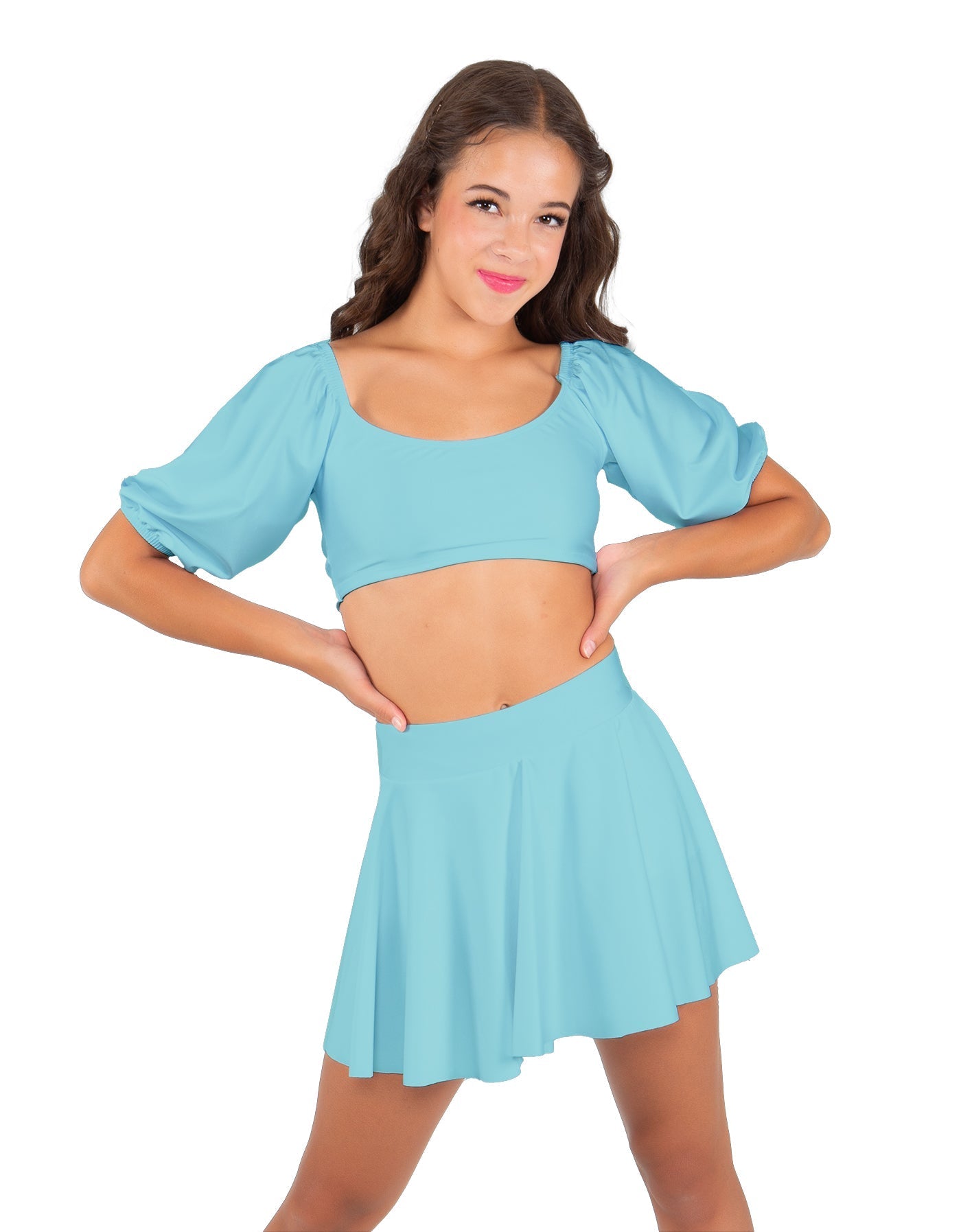 Solid Lycra Peasant Sleeve Tie Up Crop Top