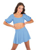 Solid Lycra Peasant Sleeve Tie Up Crop Top