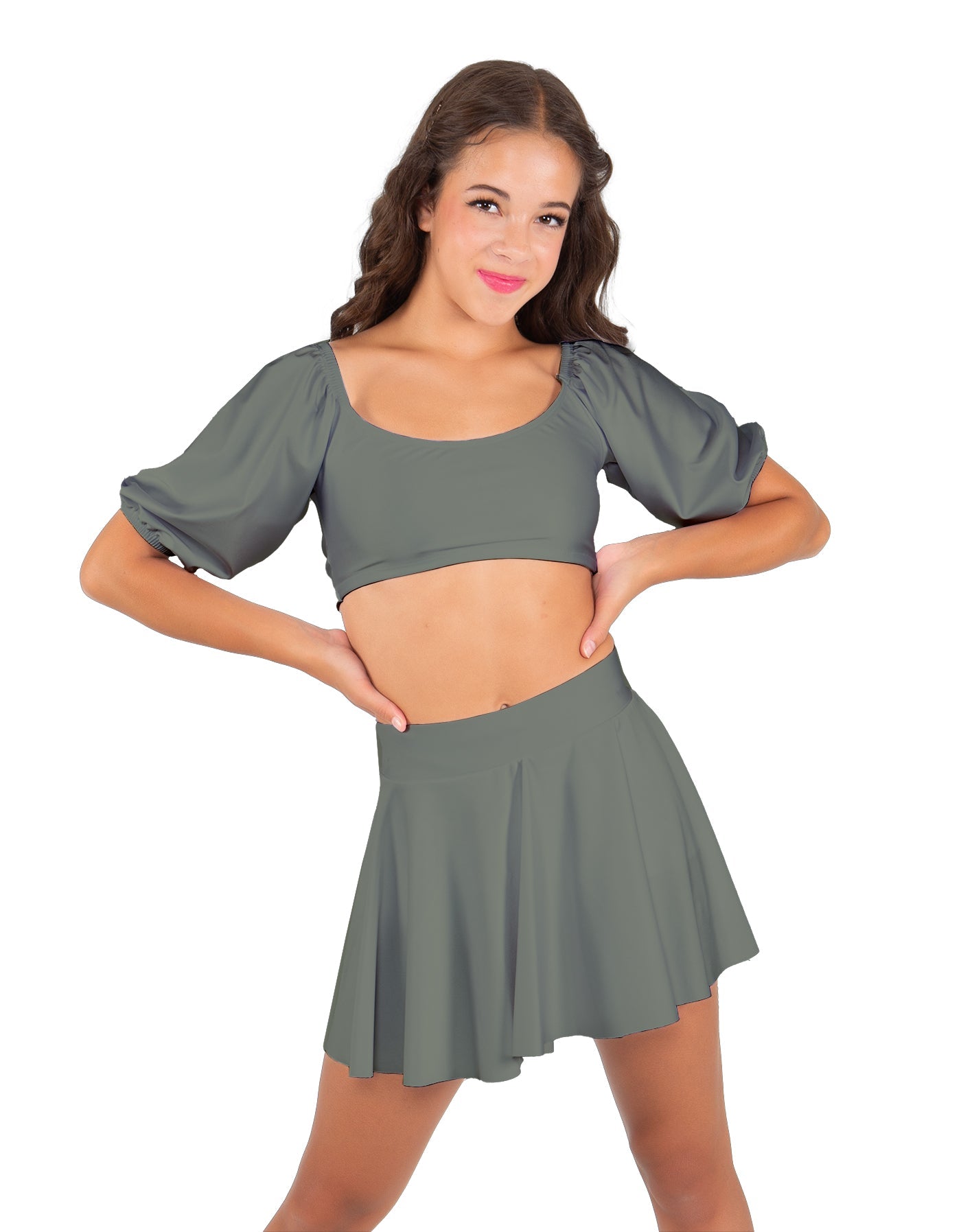 Solid Lycra Peasant Sleeve Tie Up Crop Top