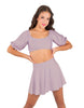 Solid Lycra Peasant Sleeve Tie Up Crop Top