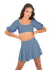 Solid Lycra Peasant Sleeve Tie Up Crop Top