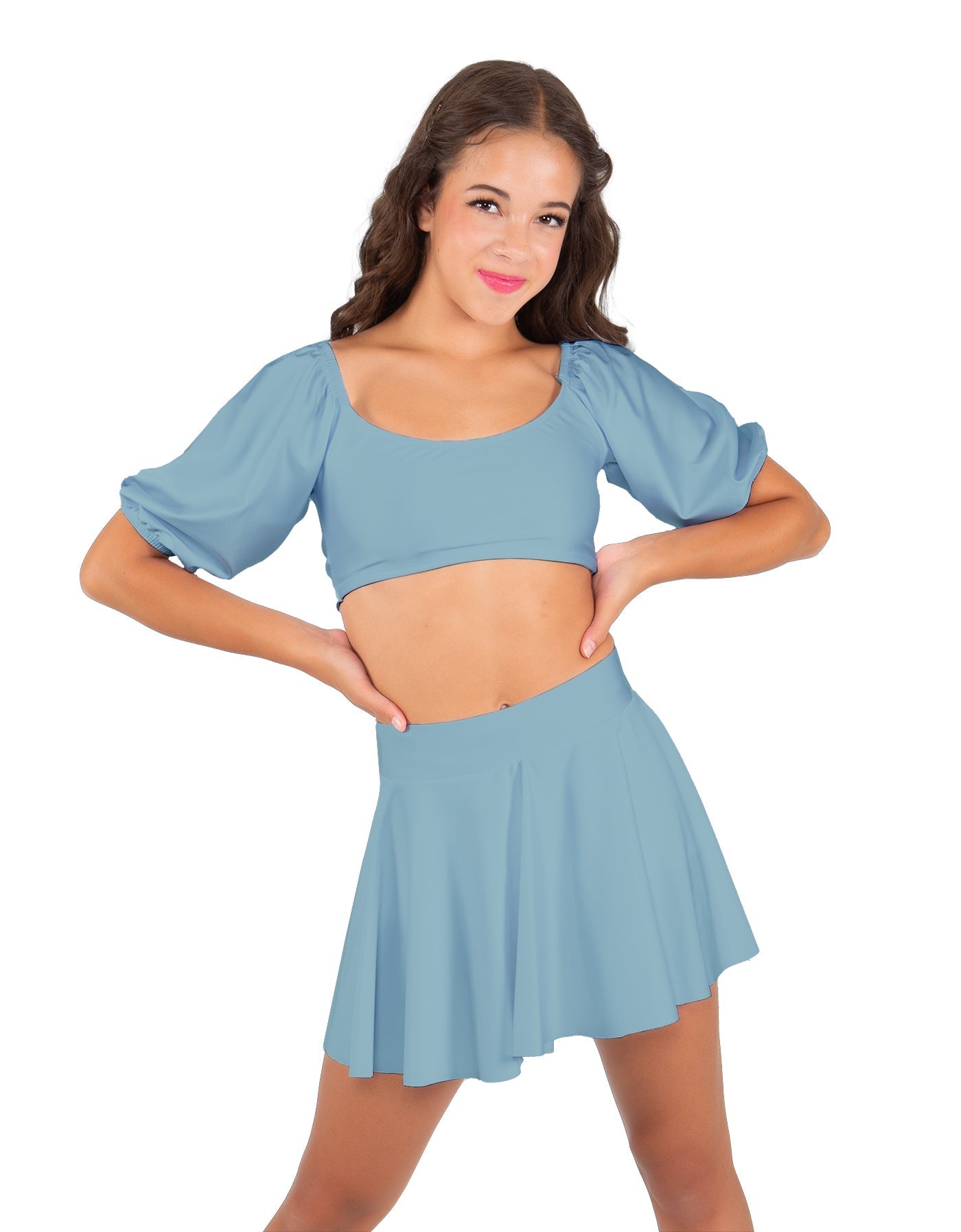 Solid Lycra Peasant Sleeve Tie Up Crop Top